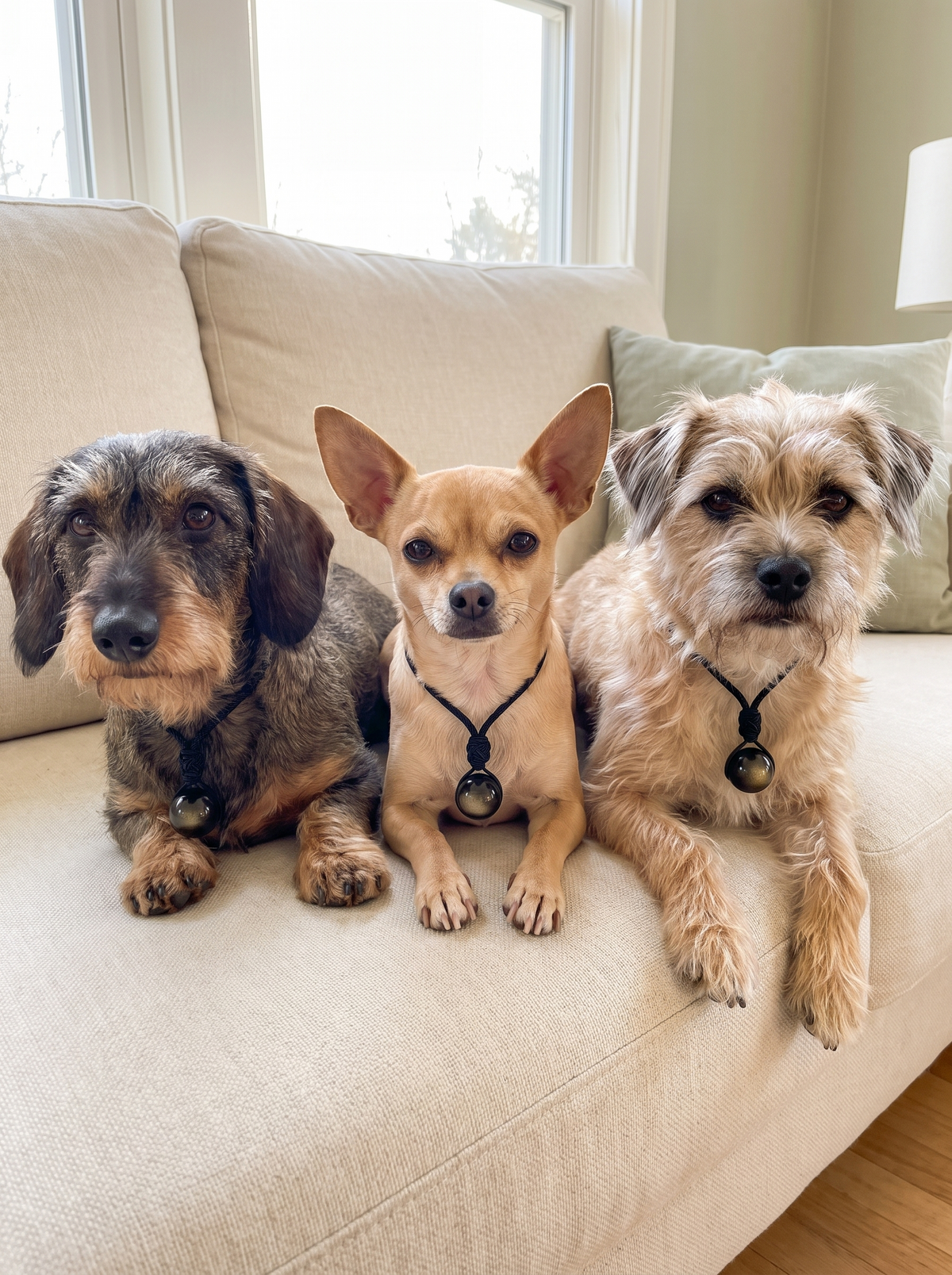 Three small dogs on a sofa, each with a stone