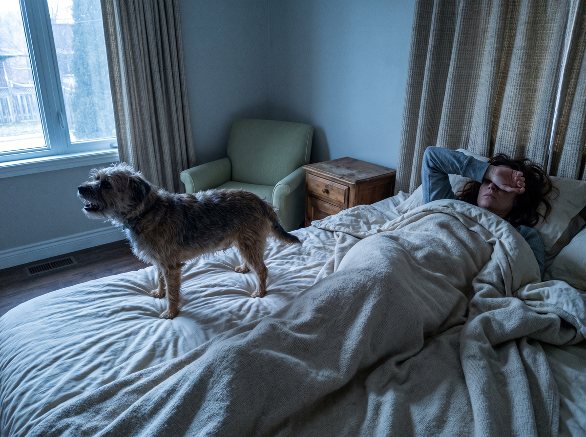 A small dog barking at the window at dawn
