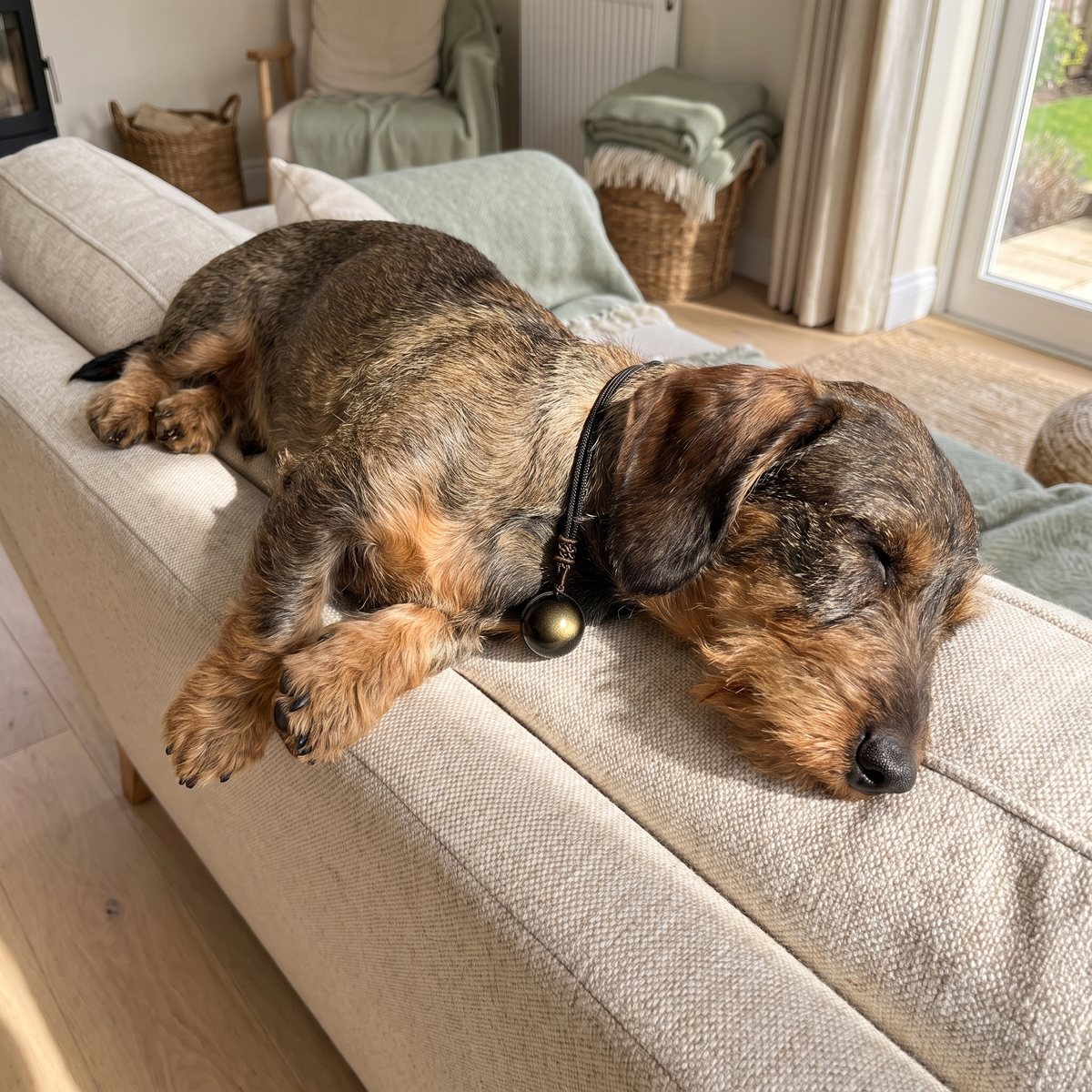 Biscuit asleep on the sofa arm wearing his Hushstone