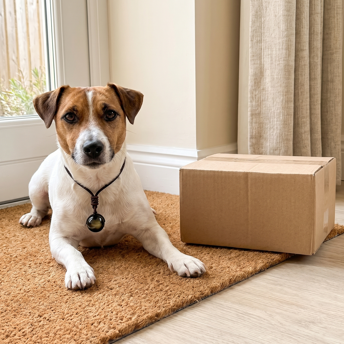 Rocco on the doormat beside a parcel