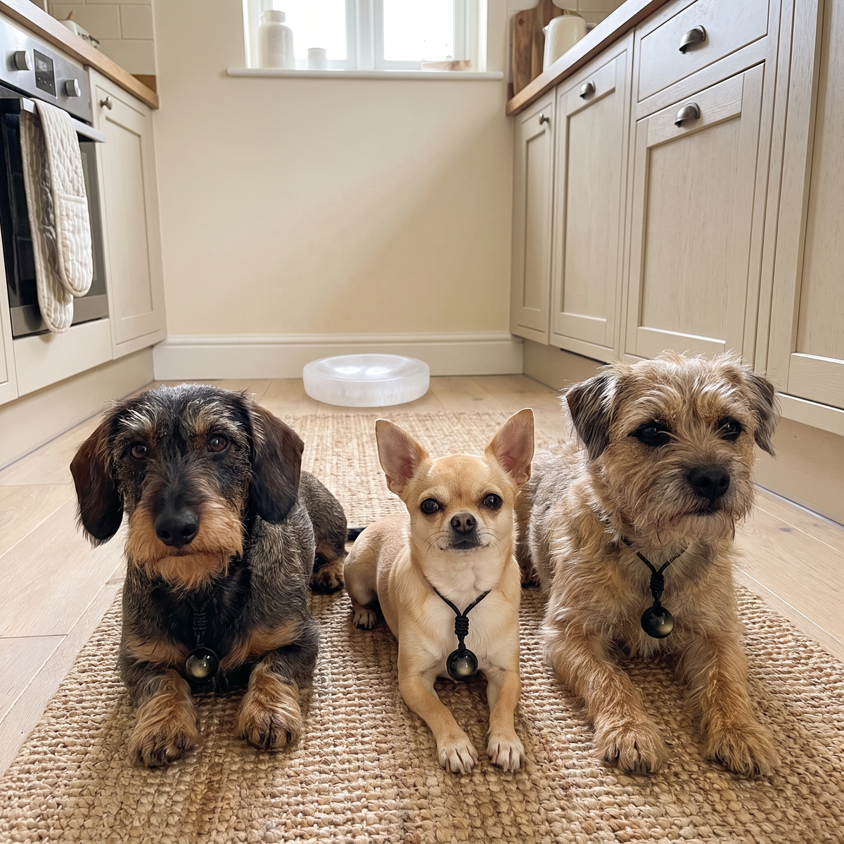 Three dogs with three stones in the kitchen