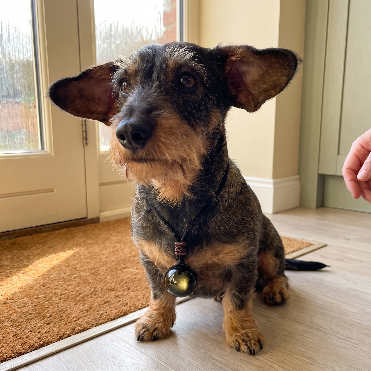 A little dog sitting at the front door wearing the stone