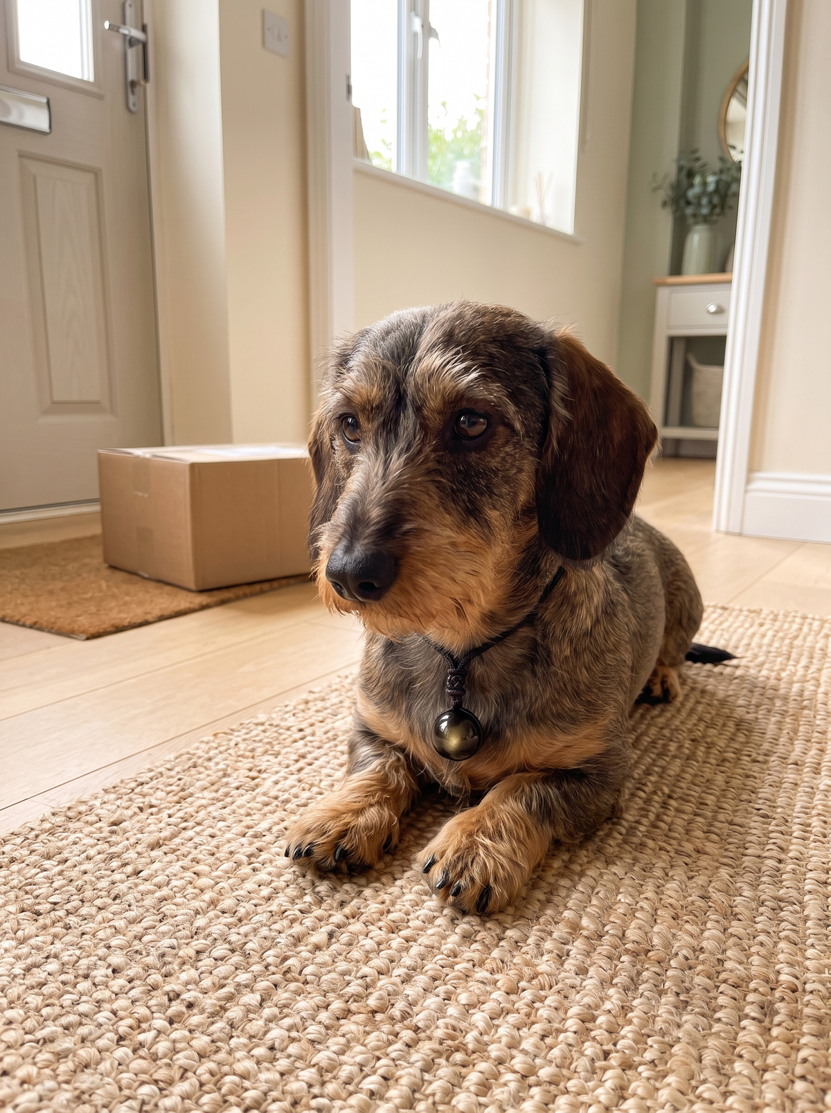 A dachshund lying calm by the door, a parcel on the mat