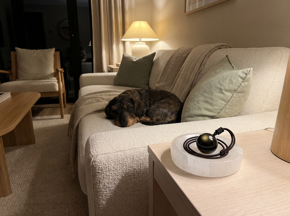 The dog asleep, the stone on its dish beside him