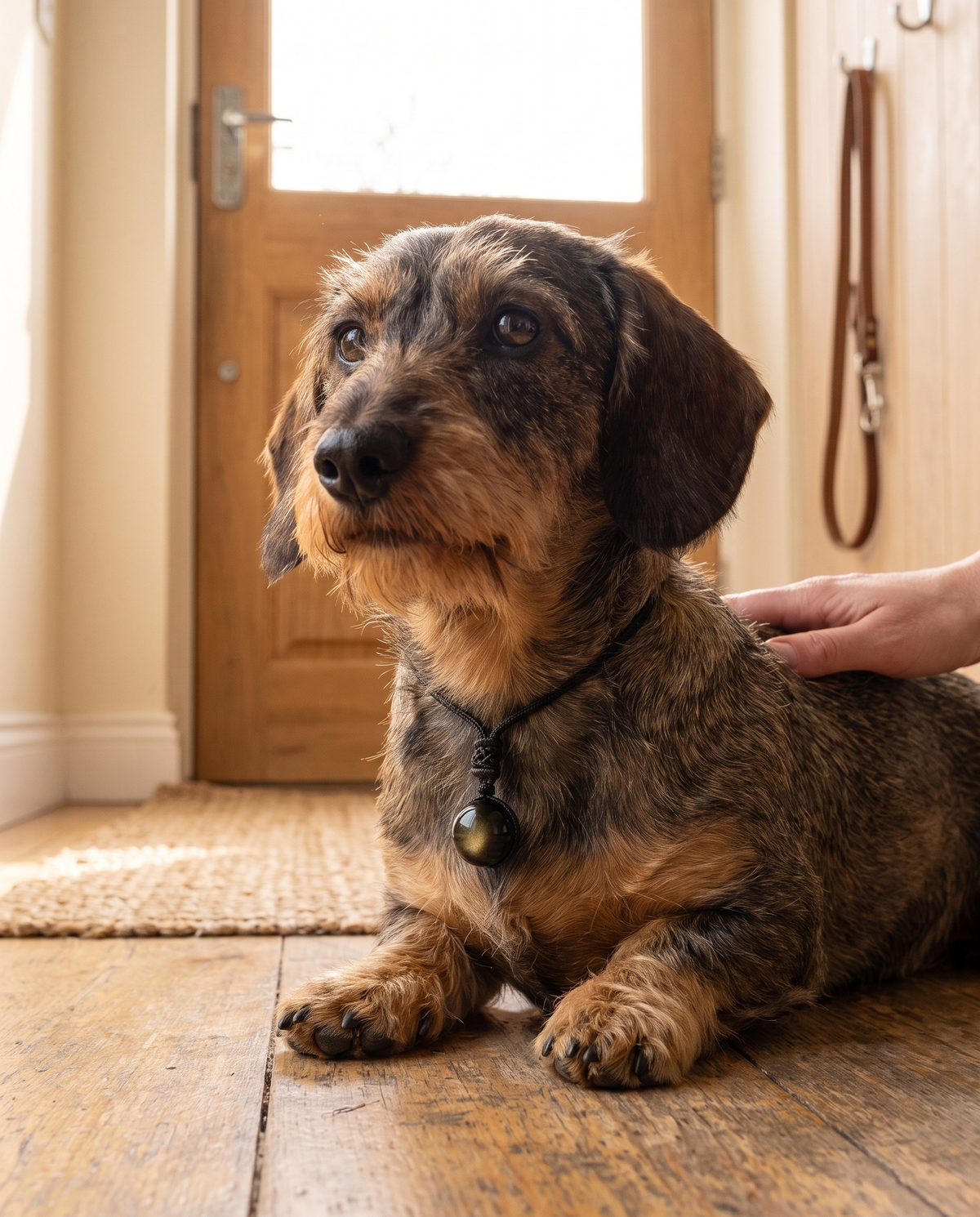 A wire-haired dachshund by the front door wearing the 16 mm golden obsidian stone