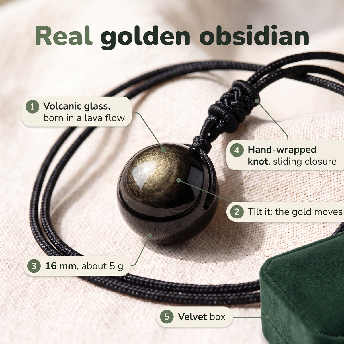 Real golden obsidian, five details