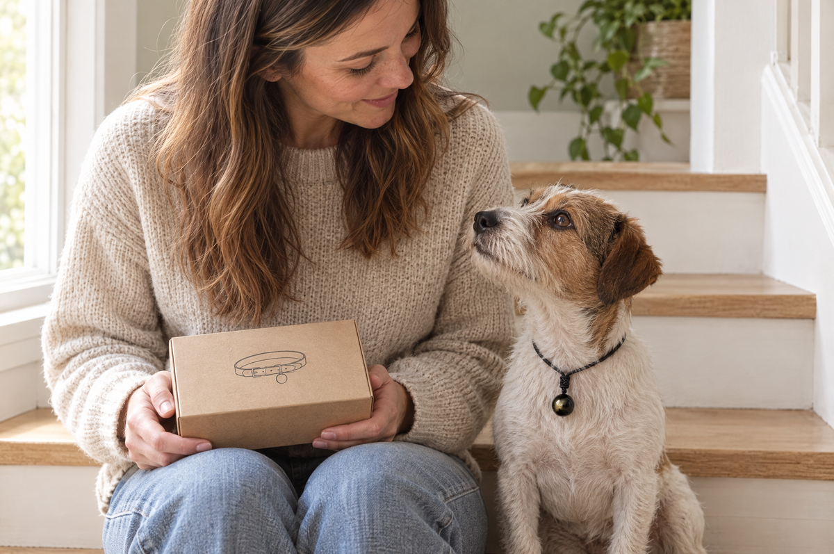 She holds the bark collar box she never opened