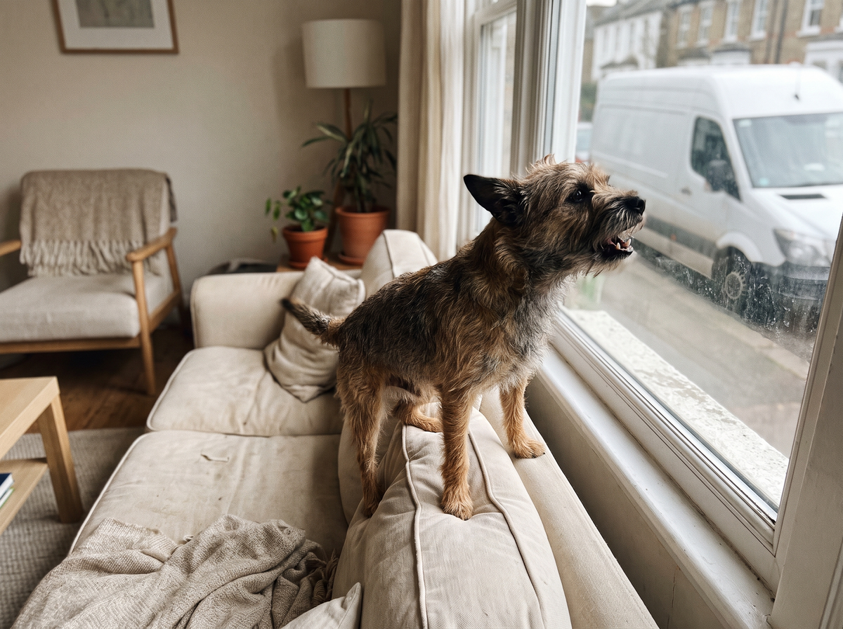 A terrier on the sofa back barking at a delivery van