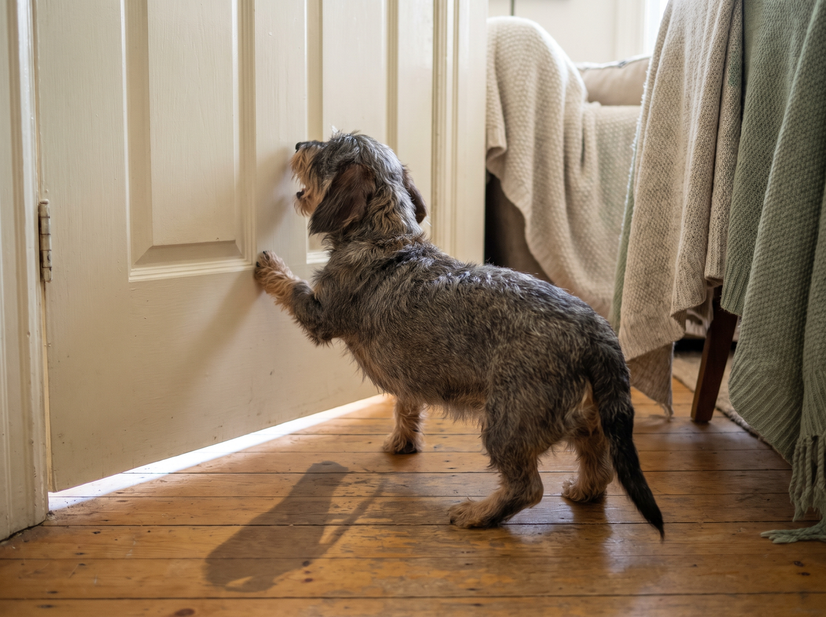A small dog barking at the front door