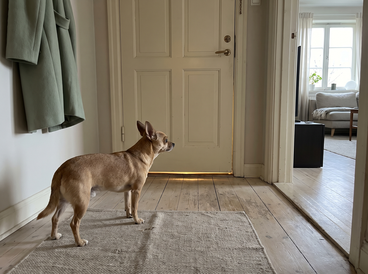 A chihuahua stiff by the apartment door