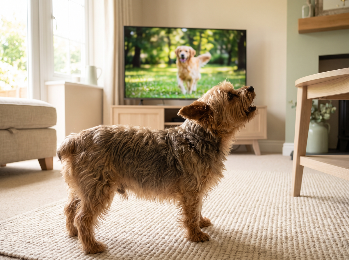 A yorkie barking at a dog on the TV