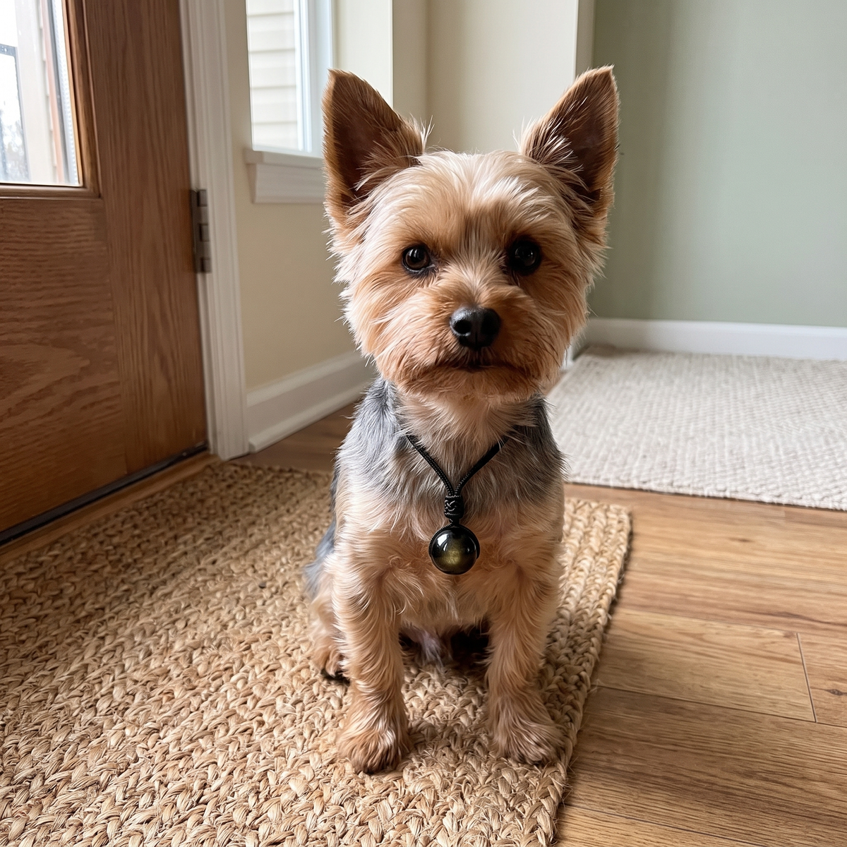 Millie calm by the apartment door