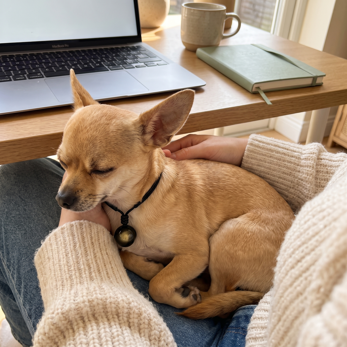 Taco in a lap at the desk