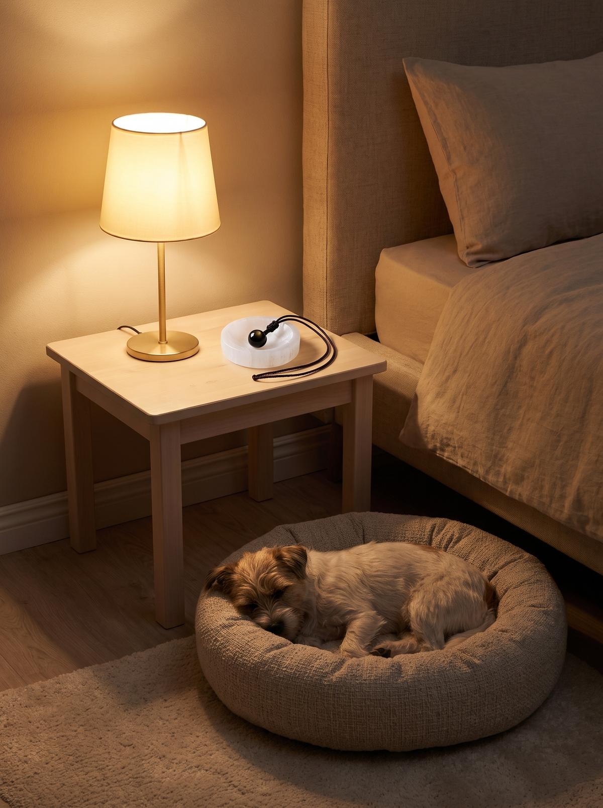 Night: the stone on its dish, the dog asleep